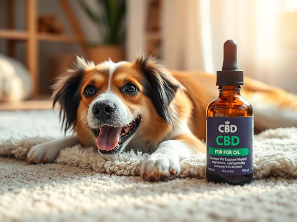 A happy dog lying on a soft rug, with a