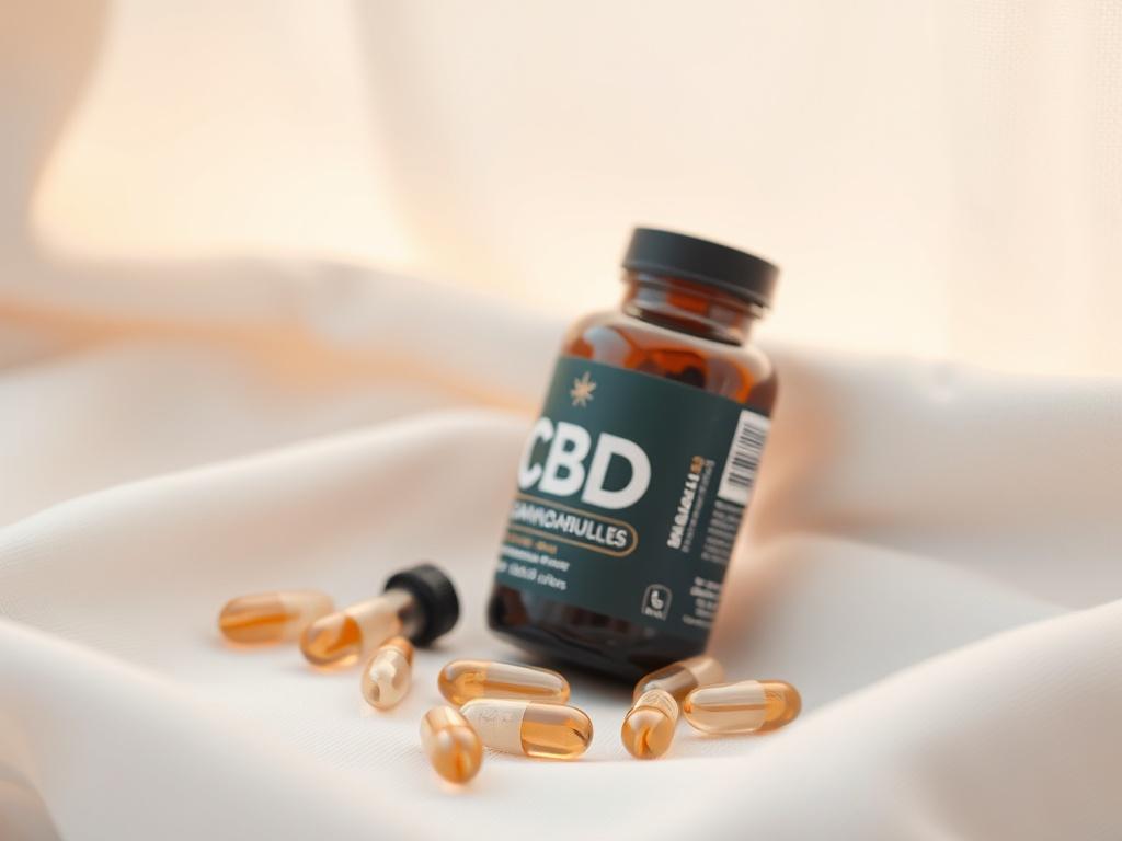 A close up of a bottle of CBD capsules, with