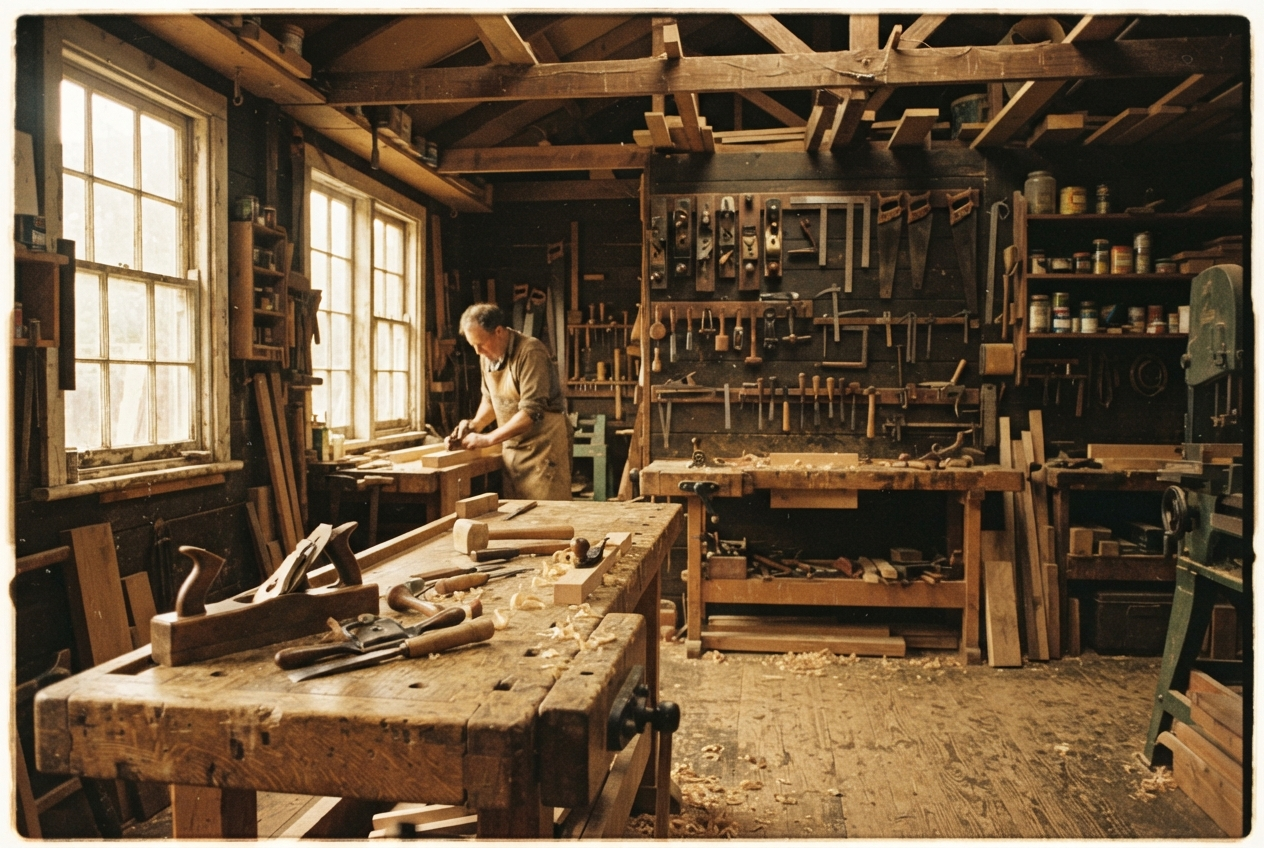 Traditional woodworking workshop with hand tools — Golden Line Factory heritage