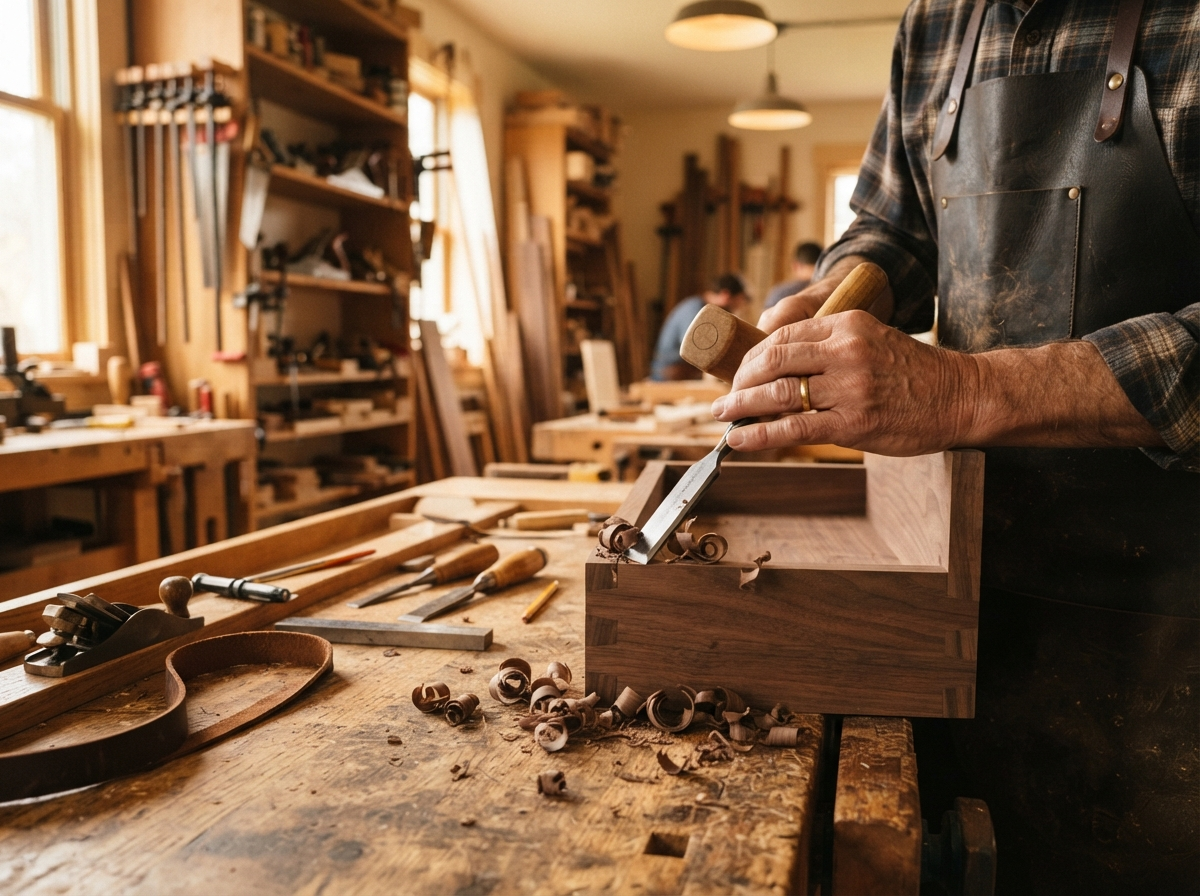 Master craftsman working on fine joinery in the Golden Line workshop