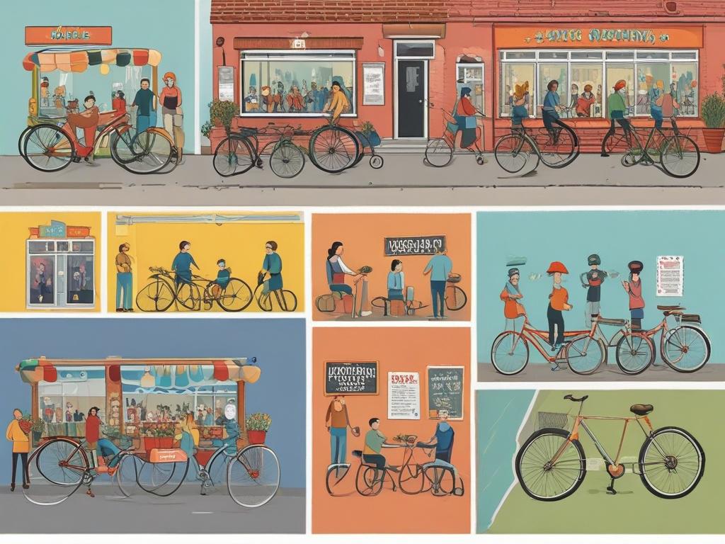 1. Grand Opening
2. New Store
3. Fresh Tires
4. Coffee Cups
5. Bicycles
6. Urban Mobility
7. Excited Cyclists
8. Bright and Colorful
9. Cheeky Humor
10. Community Event
11. Sustainable Transportation
12. Casual Atmosphere
13. People Having Fun
14. Bike Accessories
15. Friendly Staff