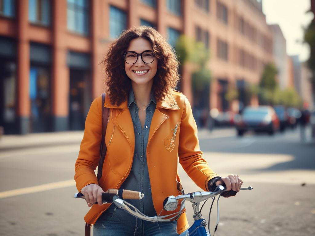 A hyper-realistic close-up shot of a cheerful customer holding a Swapfiets bike, smiling while standing in an urban setting. The background features a vibrant cityscape with trees and buildings, capturing the essence of urban mobility. The lighting is bright, creating an inviting atmosphere. The image should have a depth of field effect, focusing on the customer and the bike while slightly blurring the background to draw attention to the subject.
