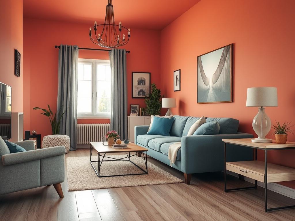 A hyper-realistic close-up shot of a freshly painted residential living room, featuring vibrant colors, a comfortable sofa, and elegant decor. The image should capture the meticulous attention to detail in the paintwork, showcasing the smooth finish and well-defined edges. Natural light filters through a window, illuminating the space and enhancing the warm ambiance. The background should be simple and uncluttered, focusing solely on the beauty of the painted walls and decor, shot with a 45mm f/1.2 lens.