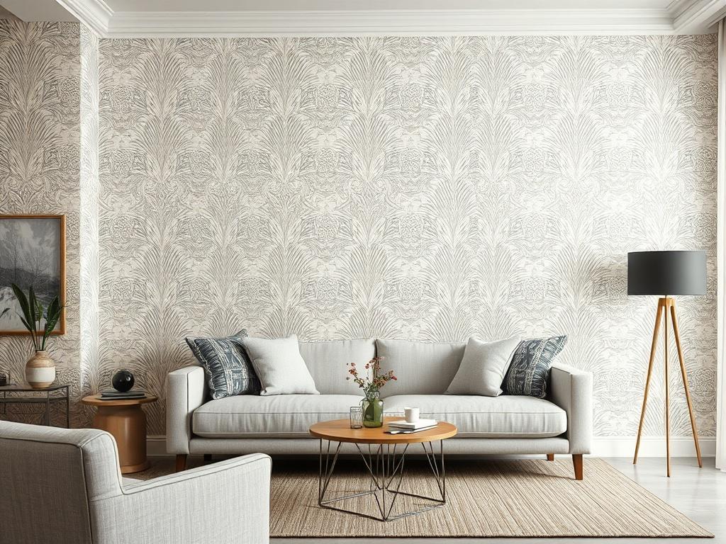 A beautifully wallpapered living room showcasing a stylish, modern wallpaper design. The focus is on the intricate patterns and textures of the wallpaper, with soft lighting highlighting the details. The room should have minimal furniture, featuring a comfortable sofa and a small coffee table, providing a cozy atmosphere. The background should be neutral to emphasize the wallpaper, and the image should be shot in close-up with a 45mm f/1.2 lens style for a hyper-realistic effect.