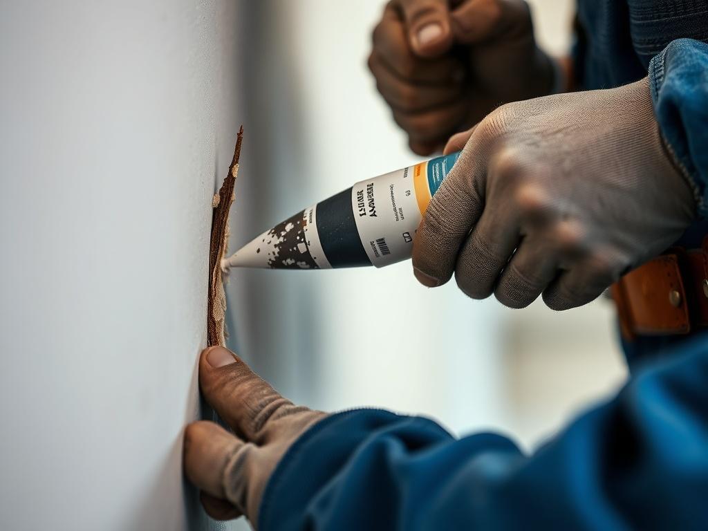 A close-up shot of a skilled professional preparing a wall surface for painting. The focus is on the expert applying filler to a crack in the wall, showcasing attention to detail. The background is blurred, emphasizing the worker's hands and tools, with a hint of a freshly painted area in the background. The image should be realistic and high-resolution, captured with a 45mm f/1.2 lens style, and compatible with rgb(213, 182, 2).