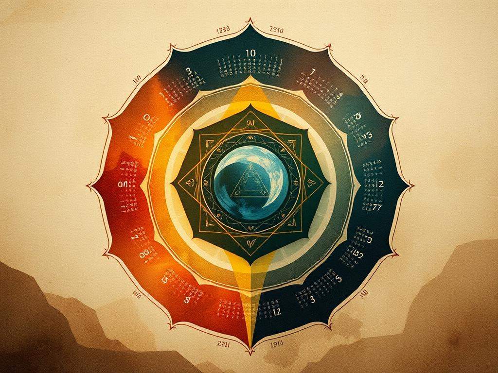 A beautifully designed abstract representation of a year calendar, incorporating geometric shapes and mystical symbols that suggest pathways and journeys throughout the year. The color palette should reflect seasonal changes, using muted tones with vibrant highlights to symbolize opportunities and growth.