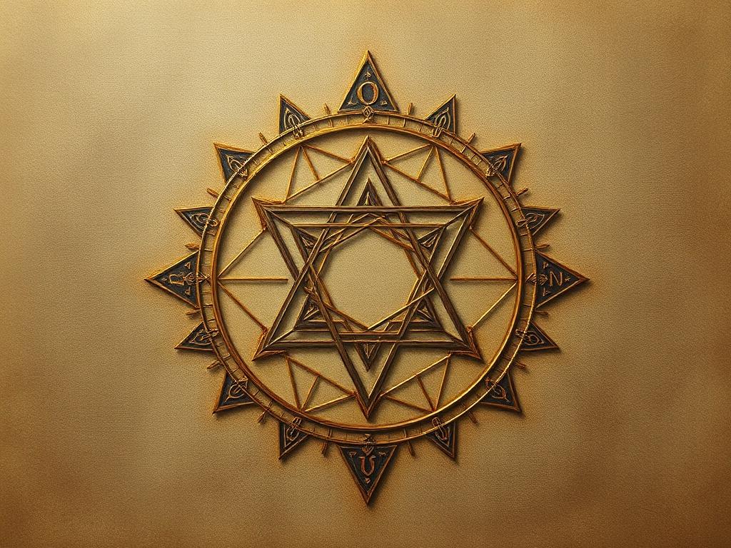 A mystical and inviting abstract design featuring geometric shapes and runes, symbolizing numerology and personal insight. The colors should be soft earth tones with gold accents, creating a grounded yet ethereal atmosphere. The background should be subtle, enhancing the focus on the abstract symbols and runes, with no human characters.