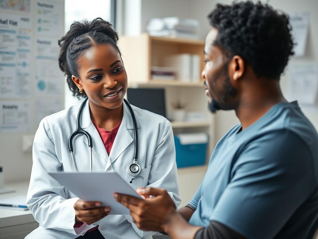 A black female doctor discussing a treatment plan with a black male patient in a clinical office. The atmosphere should be supportive and educational, with medical charts and health resources visible.