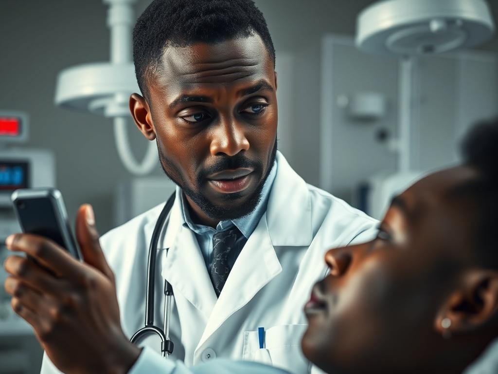 A black male doctor examining a black patient in an emergency room setting. The doctor is focused and attentive, with medical equipment in the background, conveying a sense of urgency and professionalism.