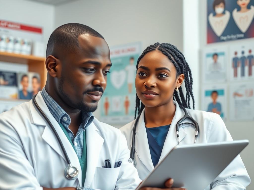 A black male doctor and a black female doctor discussing patient health in a modern medical office, with supportive materials and health posters in the background.