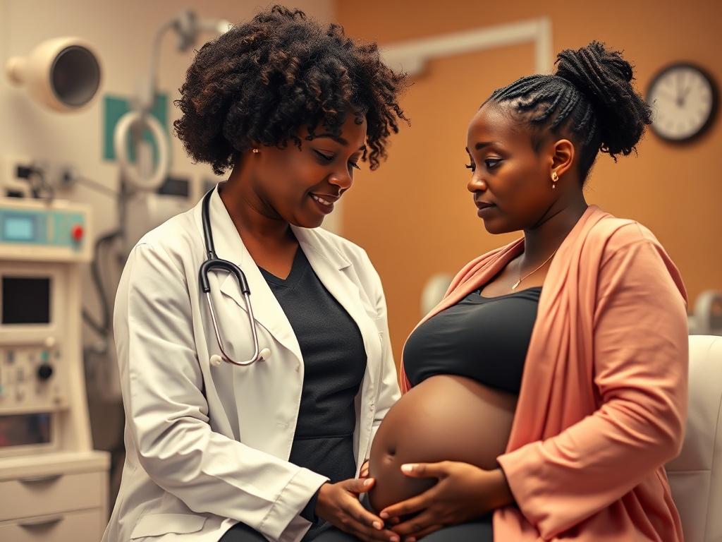 A black female doctor in a white coat consulting with a pregnant black woman in a clinical setting, with medical equipment in the background. The scene should be warm and inviting, emphasizing the connection between the healthcare provider and the patient.