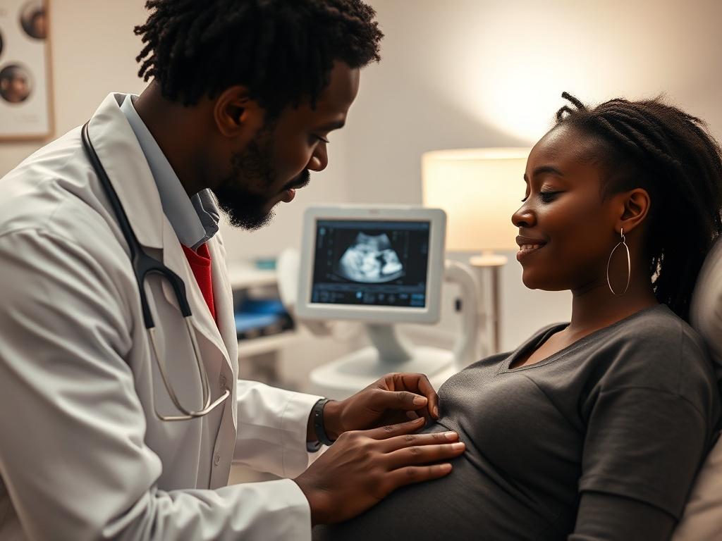 A black male doctor performing an ultrasound on a pregnant black woman, with a clear ultrasound screen displaying the fetus. The environment should be clinical yet comfortable, highlighting the professionalism of the healthcare setting.