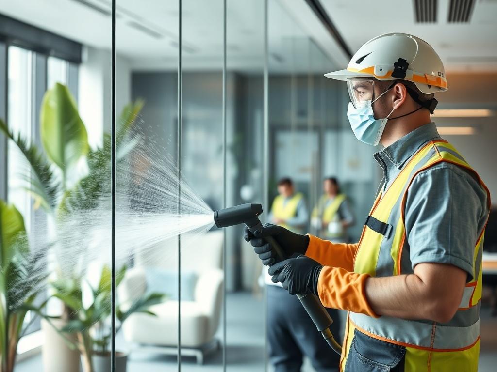 A realistic high-resolution photo showcasing a professional cleaner using an aerostatic cleaning device in a modern office environment. The cleaner, wearing a uniform and safety gear, is focused on a large glass window where the aerostatic cleaning technology is effectively removing dust and dirt. The background features a sleek office interior with plants and contemporary furniture, emphasizing cleanliness and professionalism. The lighting is bright and inviting, highlighting the effectiveness of the clean