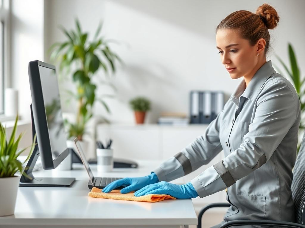 A professional cleaner in a well-lit office environment, actively cleaning a desk with a microfiber cloth. The background features a modern office setup with a computer, plants, and organized files. The cleaner is wearing a uniform and gloves, showcasing a focused and diligent approach to cleaning. The image should have a clean and bright aesthetic, emphasizing the importance of cleanliness in a professional workspace.