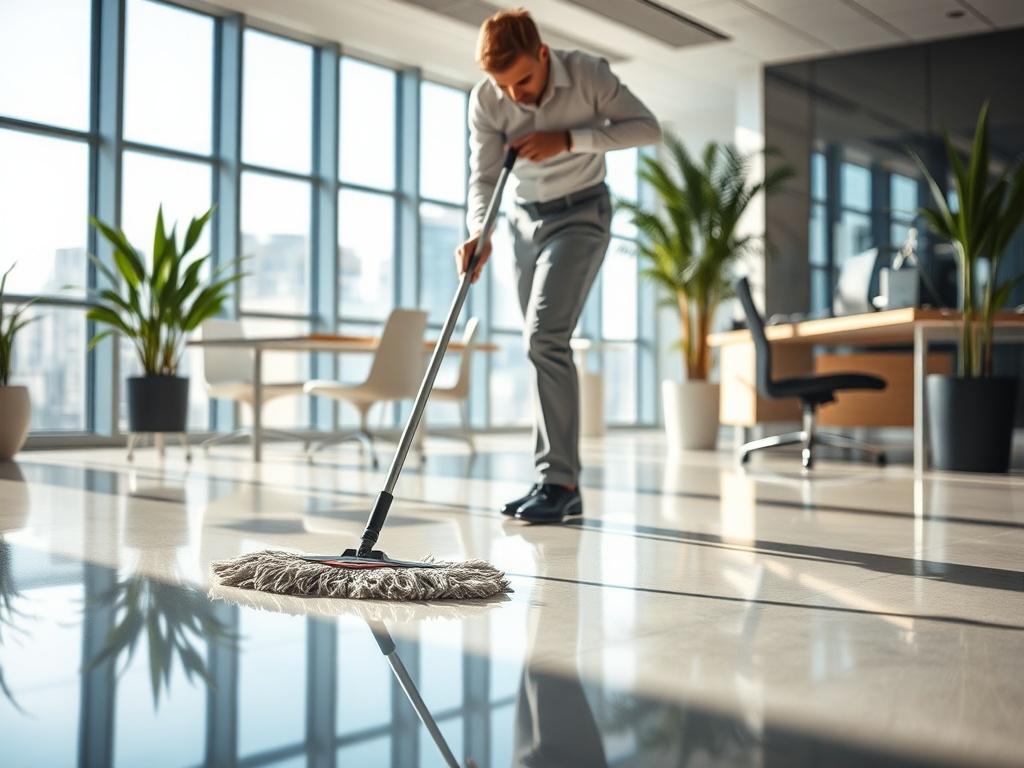 A person dust mopping a shiny floor in a modern office setting. The office features large windows with natural light streaming in, illuminating the space. The individual is focused on their task, wearing a clean uniform and using a high-quality dust mop. The background includes sleek office furniture, plants, and a tidy work environment, emphasizing cleanliness and professionalism.