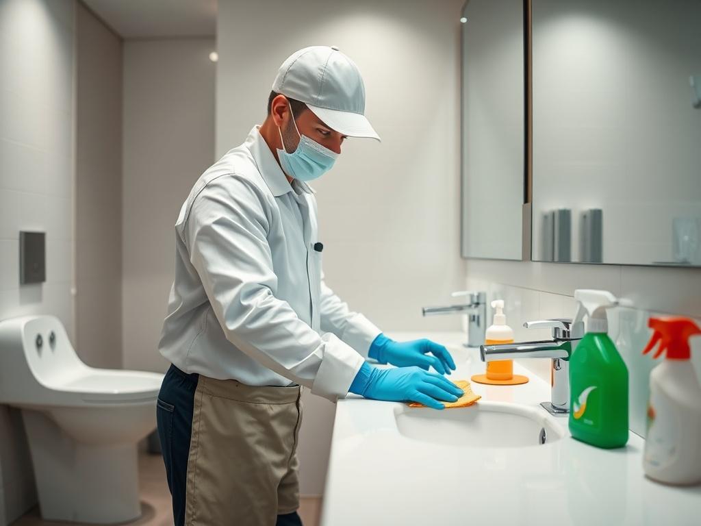 A professional cleaner scrubbing a restroom sink and countertop with