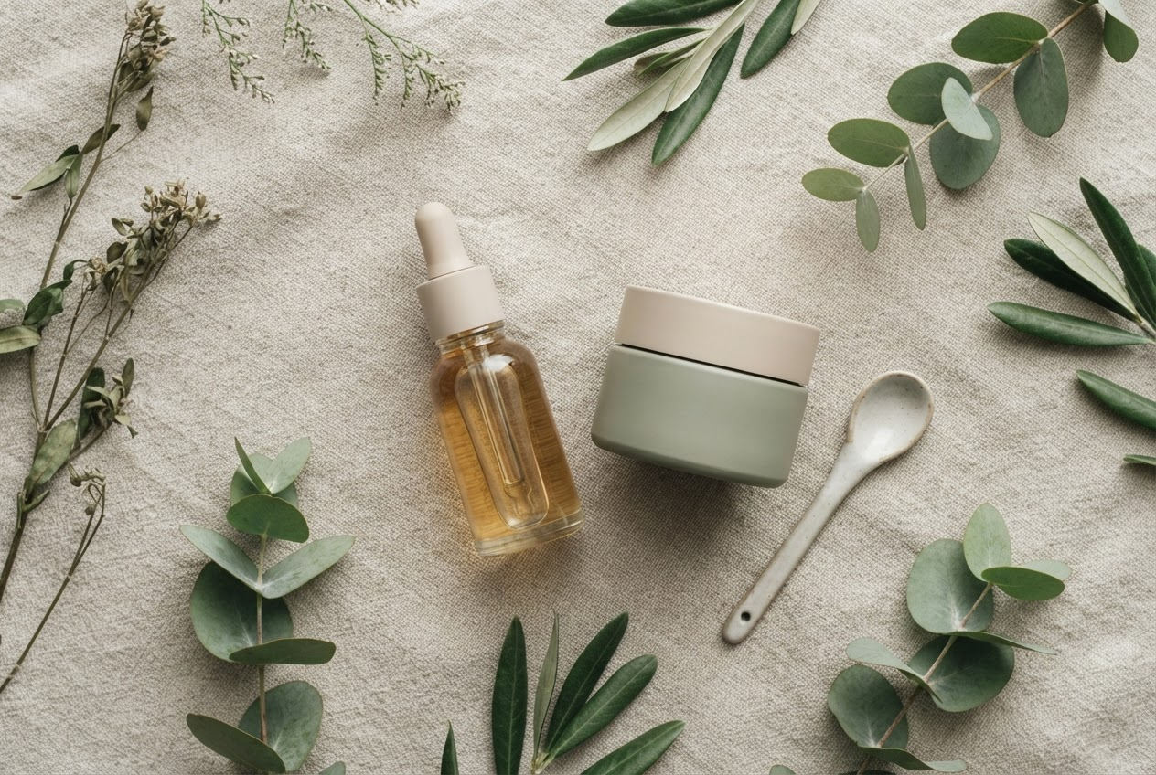 Prodotti skincare NaturaPuras con foglie verdi su tessuto di lino