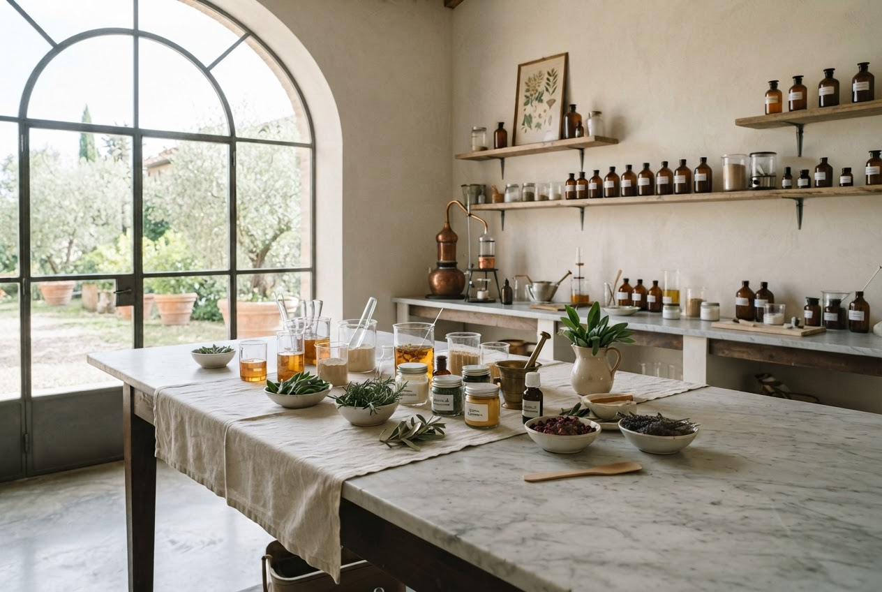 Atelier di laboratorio cosmetico italiano con ingredienti botanici
