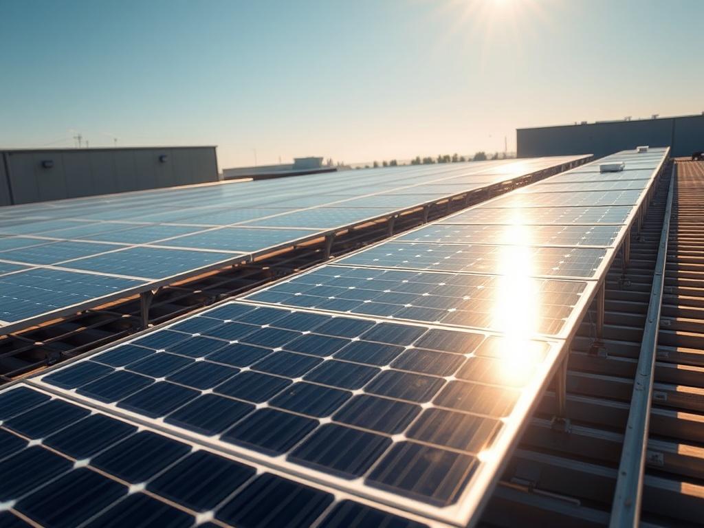 A realistic high-resolution close-up shot of a 4MW solar rooftop installation, showcasing solar panels on the roof of an industrial building. The image should focus on the solar panels gleaming under the sun, with a clear blue sky in the background. The composition should highlight the scale of the installation while keeping the focus on the high-quality solar technology used, rendered in hyper-realistic detail.