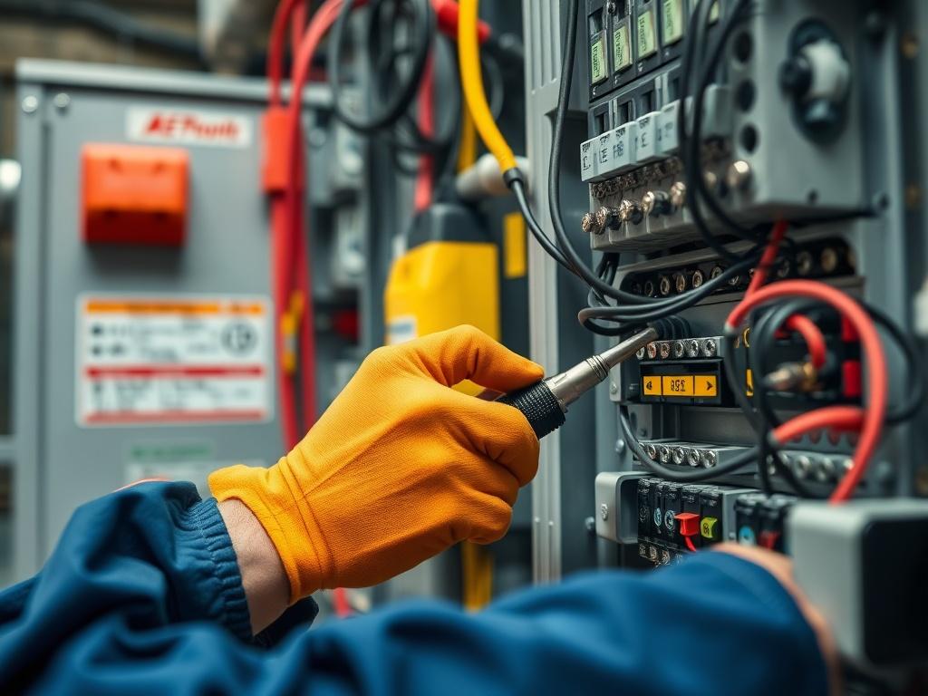 A close-up shot of a skilled electrician working on low voltage electrical installations, showcasing detailed wiring and components. The background features a well-organized electrical panel with visible labels and safety equipment, emphasizing professionalism and precision in an industrial setting. The image should be high-resolution, with a focus on the electrician's hands and tools, capturing the essence of quality electrical work.