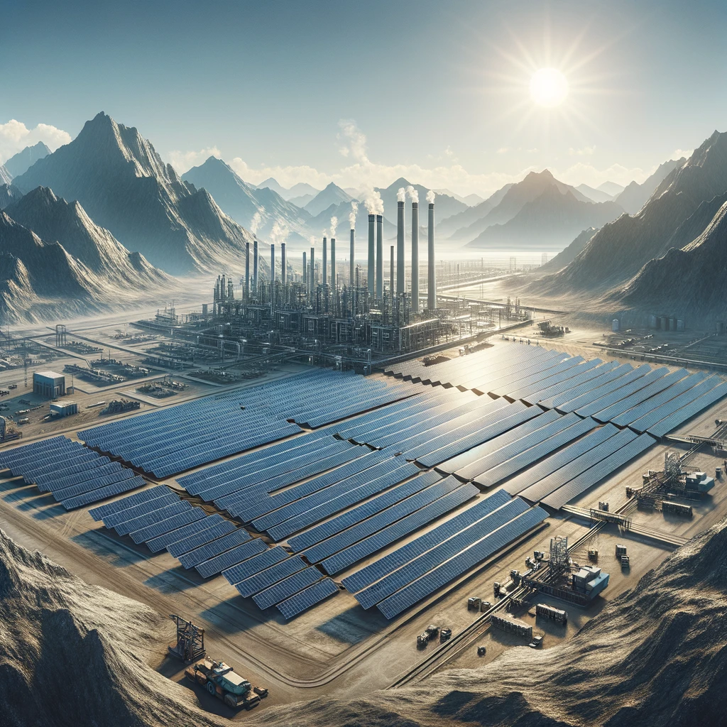 dall·e 2024-03-27 12.49.56 - a highly detailed and photorealistic image of a large-scale solar power installation in a remote industrial area, showcasing solar panels arrayed neat.webp