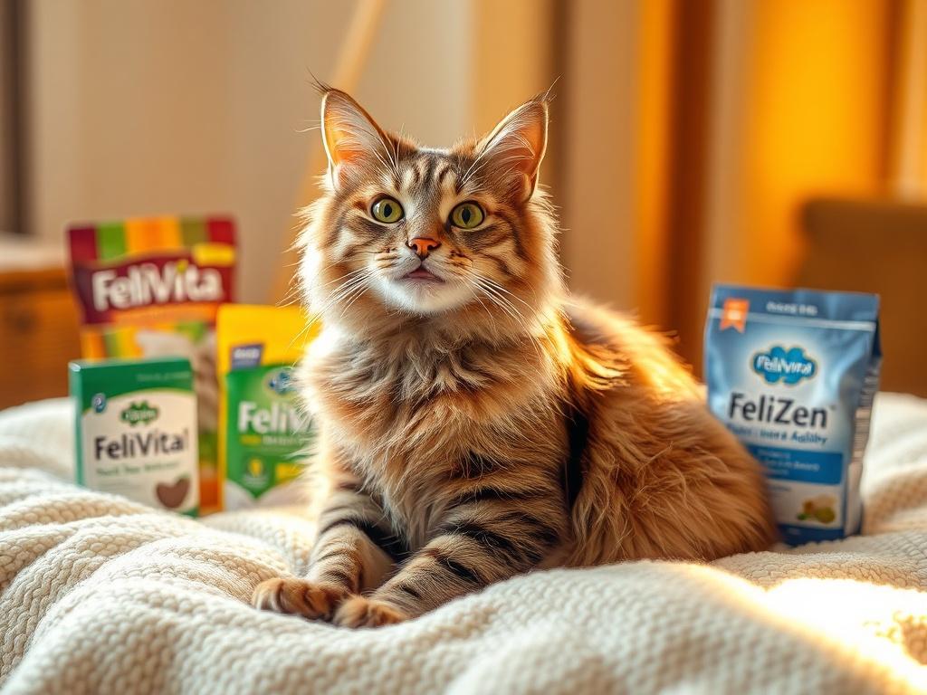 A realistic high-resolution photo of a happy, healthy cat sitting comfortably on a soft, cozy blanket. The cat has a shiny coat and appears relaxed and content. In the background, there are subtle hints of the product packaging, showcasing FeliFlora™, FeliVital™, FeliZen™, FeliJoint+Agility, FeliDerm™, and FeliKit™. The lighting is warm and golden, creating a serene atmosphere that reflects the premium quality of the products.