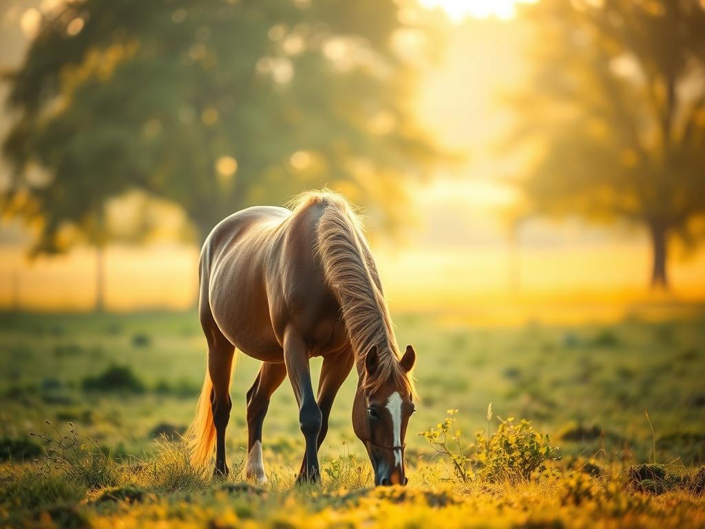 A serene image of a majestic horse grazing in a