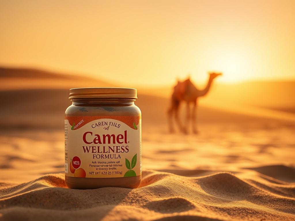 A high resolution image of a Camel Wellness Formula jar