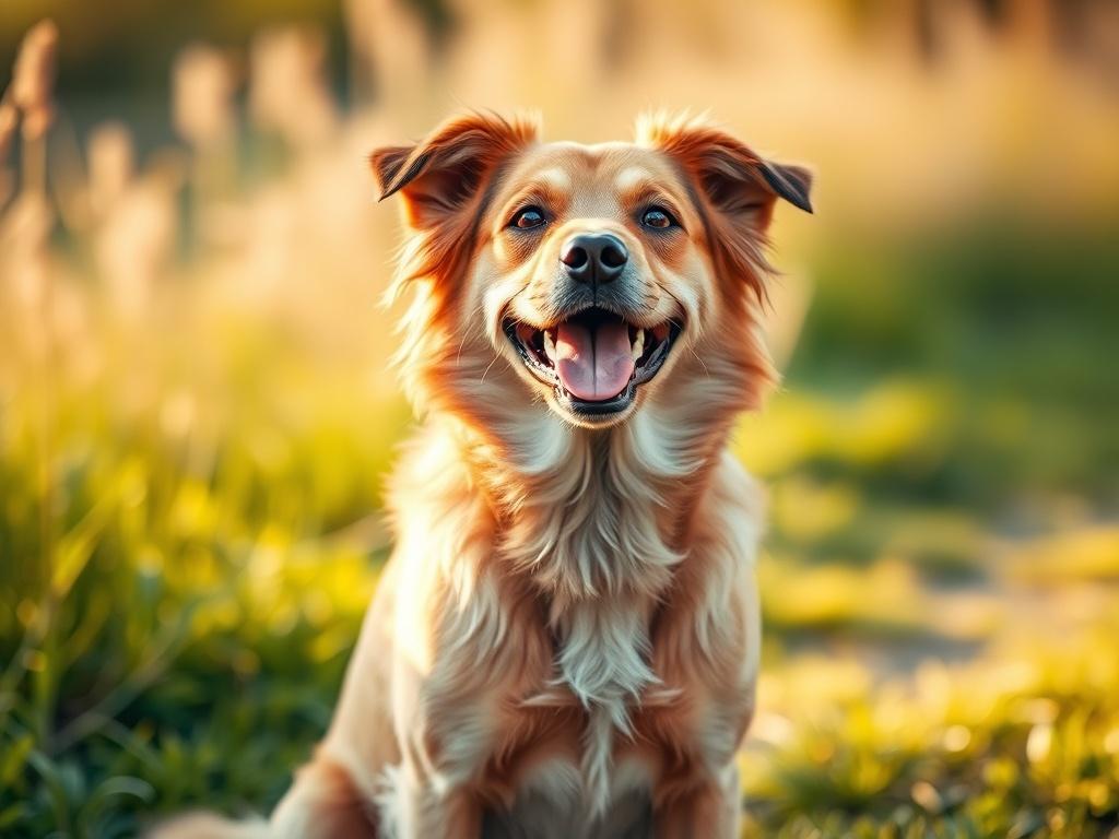 A realistic high-resolution image of a happy, healthy dog sitting outdoors in a sunny, serene environment. The dog should be in focus, showcasing its shiny coat and vibrant energy. The background should be softly blurred, featuring lush green grass and warm golden hues to create a cozy atmosphere.