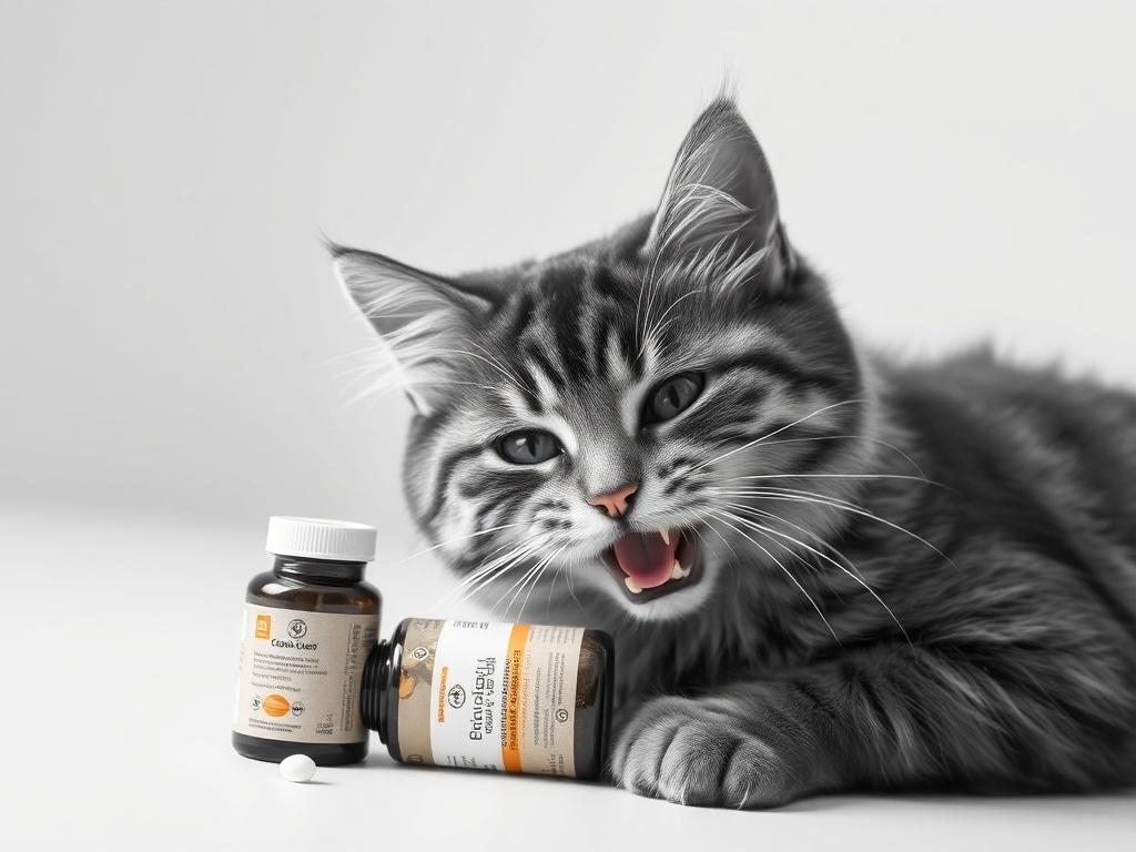 A realistic high-resolution photo of a cat happily eating a probiotic supplement, set against a clean, white background. The cat should have a healthy, shiny coat and exhibit a playful demeanor, with the product bottle subtly placed in the scene.