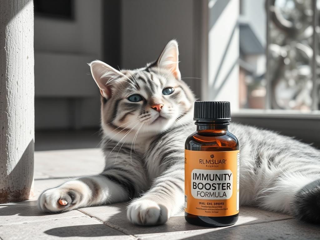A high-resolution photo of a healthy cat lounging in a sunny spot, with the Immunity Booster Formula product bottle in the foreground. The scene should convey a warm, inviting atmosphere, showcasing the cat's vibrant energy.