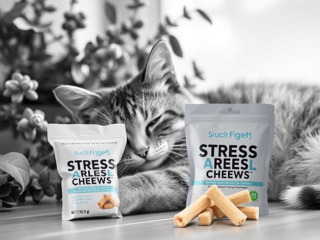 A realistic high-resolution photo of a cat peacefully resting, surrounded by a serene environment. The Stress Relief Chews product should be visible nearby, emphasizing the comfort these chews provide.
