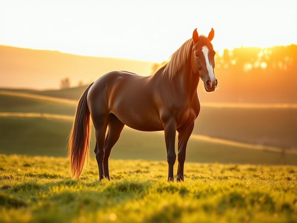 **AI Image Generation Prompt:**

Create a realistic high-resolution image that visually represents the blog titled "The Power of Probiotics for Horses." The composition should be simple and clear, focusing solely on a majestic horse standing in a serene pasture. The horse should be well-groomed, displaying a shiny coat, symbolizing good health and vitality, and its posture should be confident yet relaxed, evoking a sense of strength and well-being.

In the background, capture a softly lit landscape of rolli