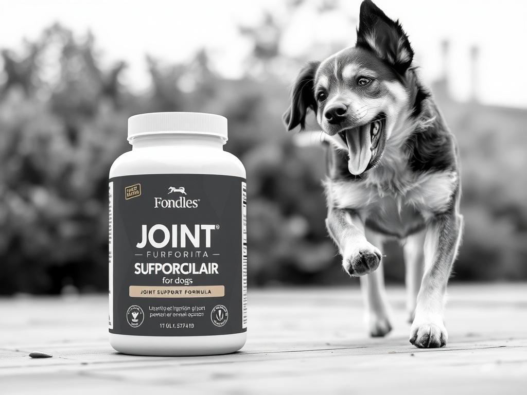 A high-resolution, black and white rendered image of Joint Support Formula for dogs, with the product prominently displayed alongside an active dog playing in the background. The composition should be simple, focusing on health and vitality.
