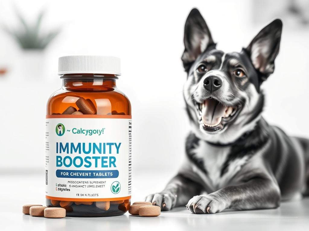 A high-resolution image of Immunity Booster Supplement for dogs, featuring a bottle with chewable tablets displayed next to a lively dog. The setting should be bright and clean, emphasizing health and vitality.