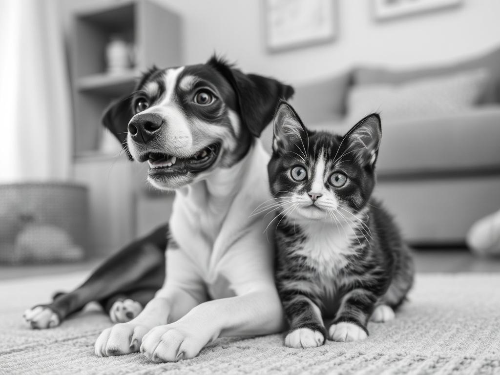 A high-resolution black and white image of a playful dog and a curious cat sitting together in a cozy home environment. The composition should emphasize the bond between the animals, with a clean and simple backdrop.