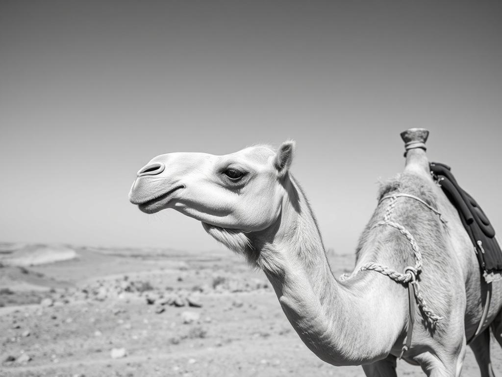 A high-resolution black and white image of a camel in a desert landscape, looking strong and healthy. The focus should be on the camel's features, captured in a simple and clear composition.