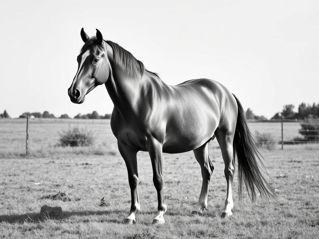 A high-resolution black and white image of a healthy, majestic horse standing in a serene pasture, showcasing its strength and vitality. The background should be simple and clear, focusing on the horse as the central subject.