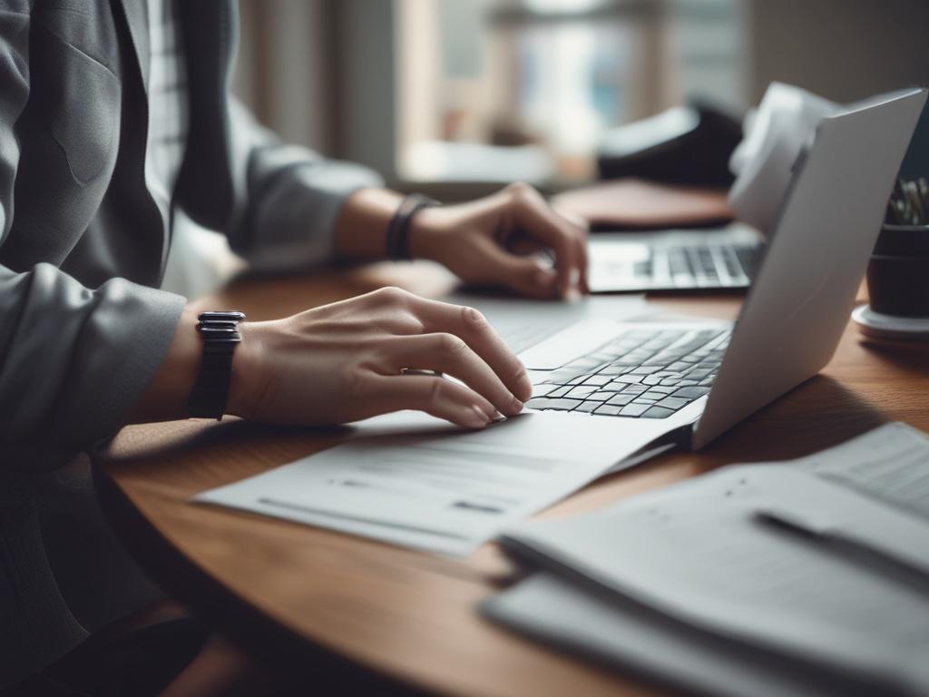 A focused individual working on a laptop with application forms