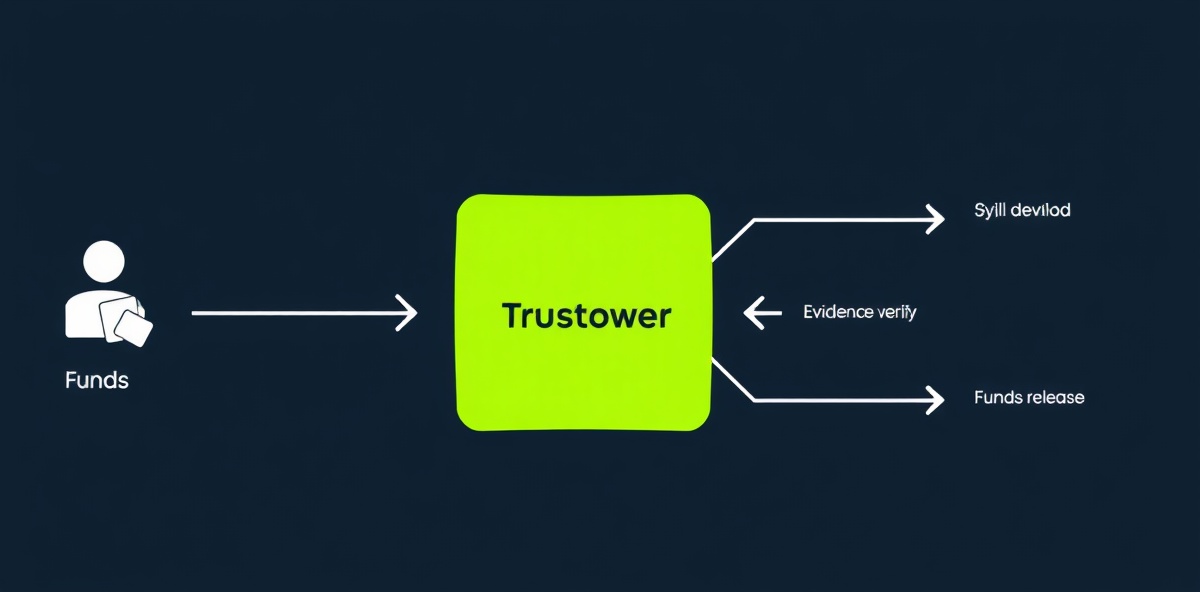 Deal flow showing buyer funds to Trustower orchestration to seller delivery to evidence verification to funds released