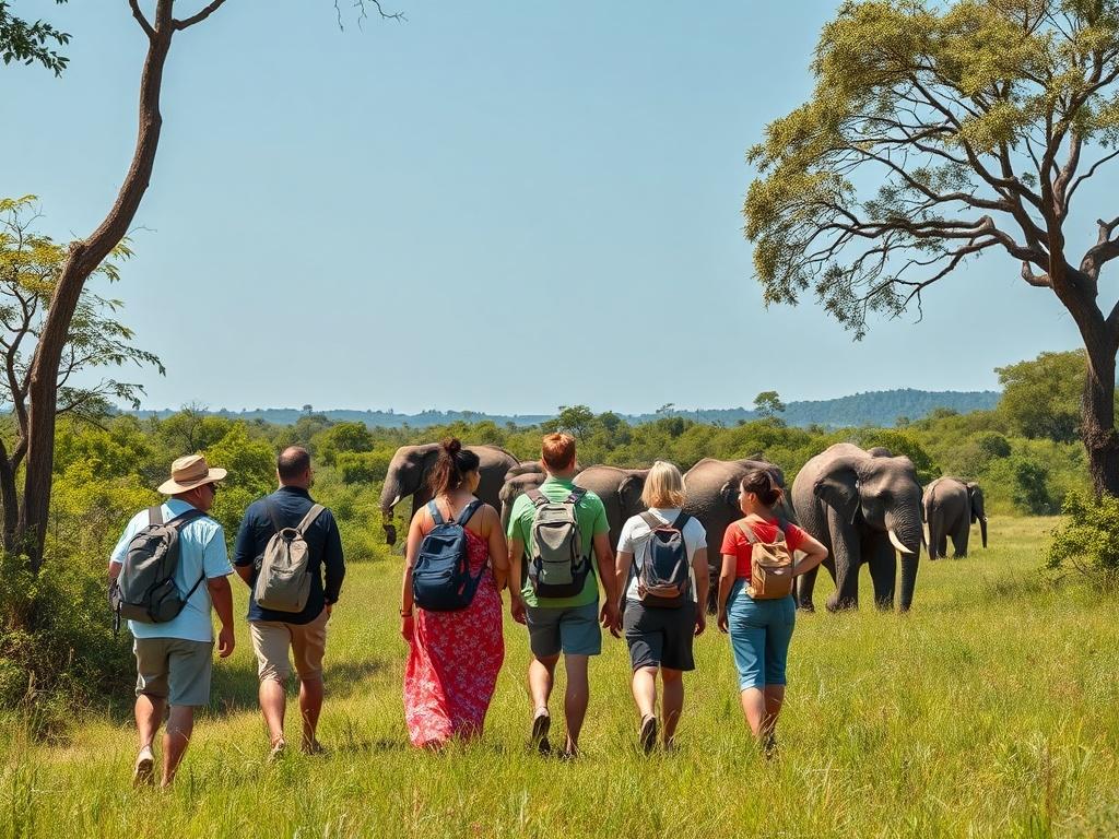 A group of travelers enjoying a wildlife safari in a