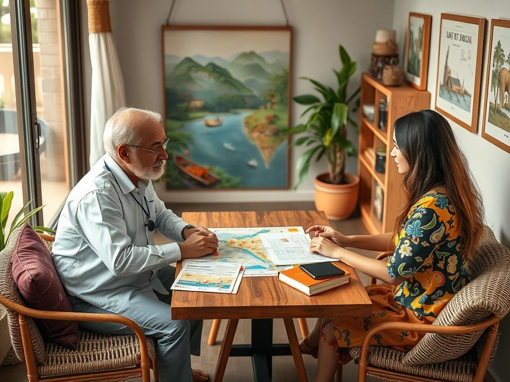 A serene consultation environment with a travel consultant and a