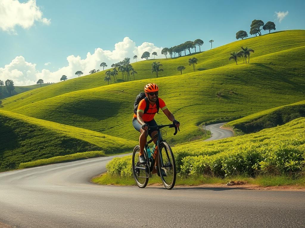 Create a realistic high-resolution photo capturing the essence of a cycling adventure through the heart of Sri Lanka. The composition should prominently feature a lone cyclist, wearing a vibrant helmet and gear, gracefully pedaling along a winding path that cuts through lush green tea plantations. This cyclist represents the spirit of exploration and adventure. 

In the background, include rolling hills dotted with neatly trimmed tea bushes, showcasing various shades of green, from deep emerald to soft lime