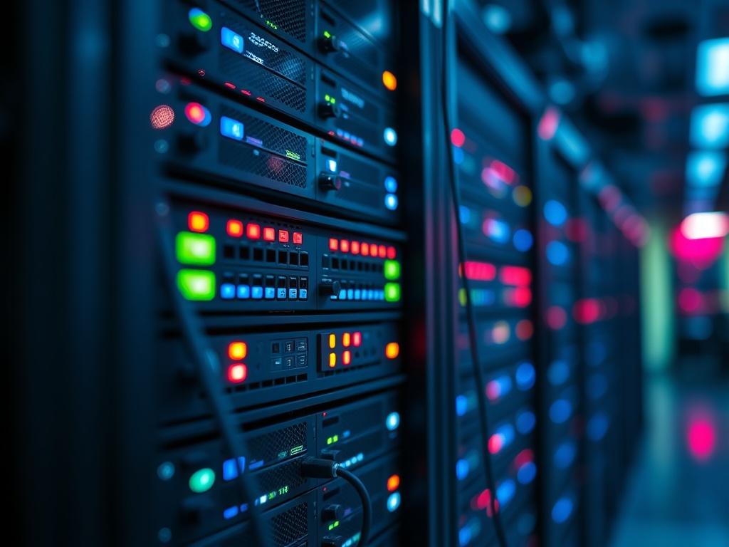 A hyper-realistic close-up of a modern server rack with blinking lights and cables, showcasing the technology behind 4G rotating proxies. The background is softly blurred to emphasize the server rack, using an RGB color palette of rgb(50, 170, 39) to create a vibrant atmosphere.