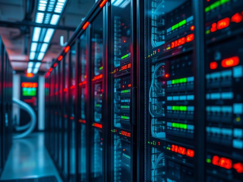 A realistic high-resolution close-up shot of a high-tech server room, showcasing sleek servers with blinking lights and network cables. The image should have a focused depth of field, capturing the intricate details of the technology in a clean and modern environment. The color scheme should incorporate the primary color rgb(50, 170, 39) subtly in the lighting or decor.