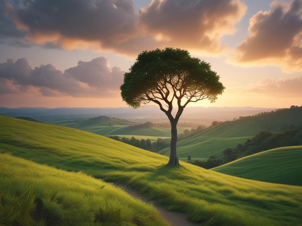 A serene landscape depicting lush greenery and soft rolling hills,