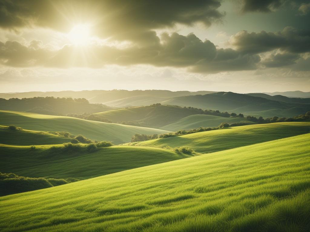 a serene landscape depicting lush green fields under soft sunlight,