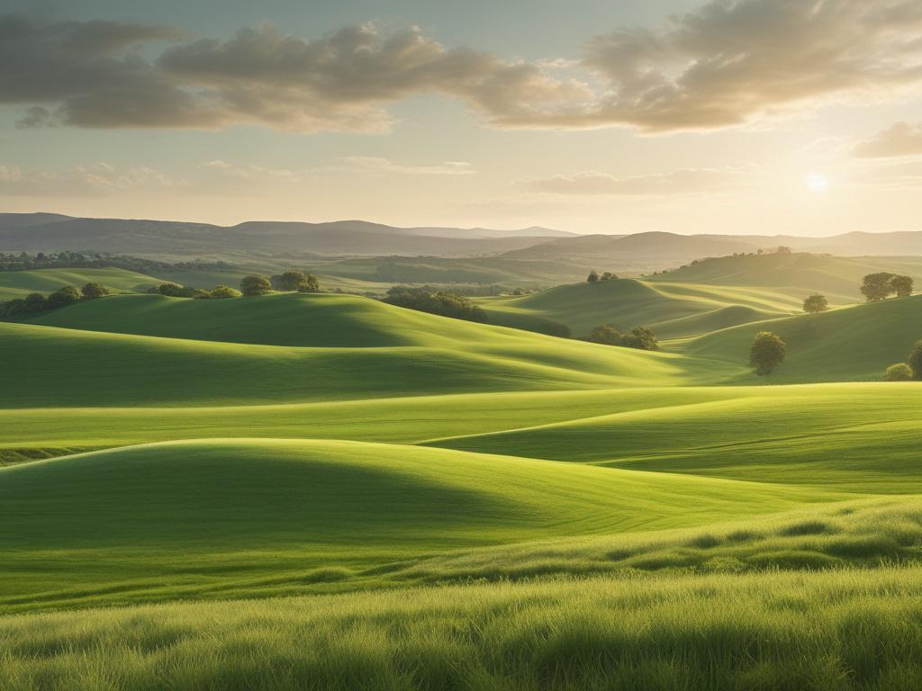 A tranquil landscape of rolling hills with soft green tones,