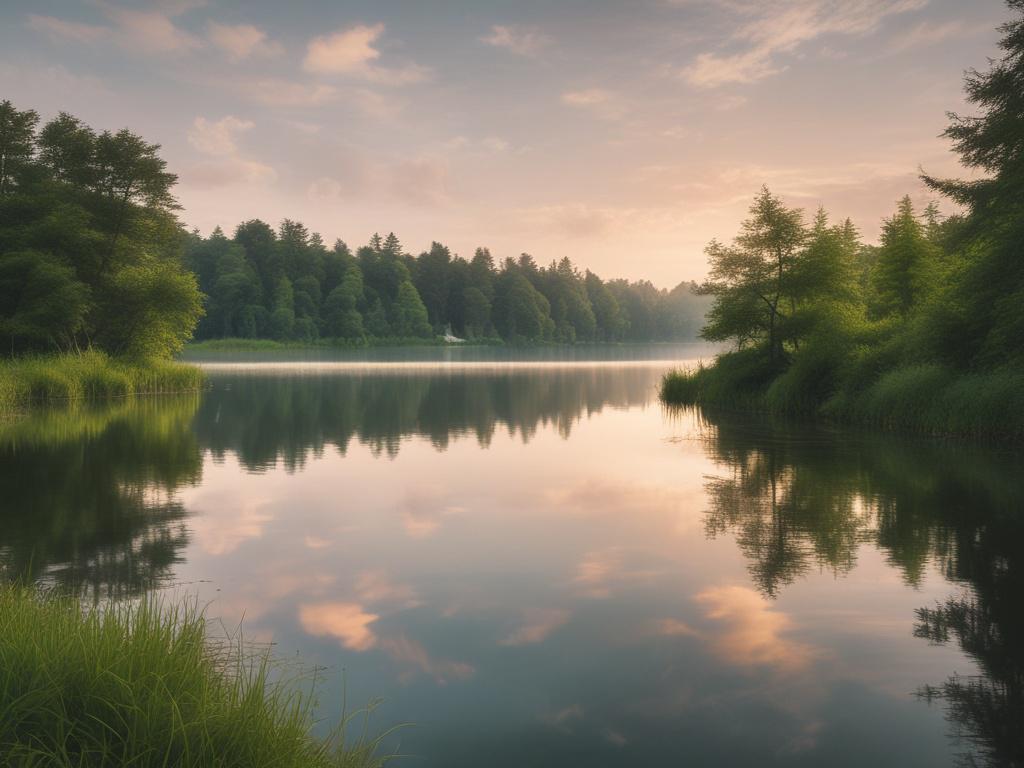 A serene landscape featuring a peaceful lake reflecting the sky,