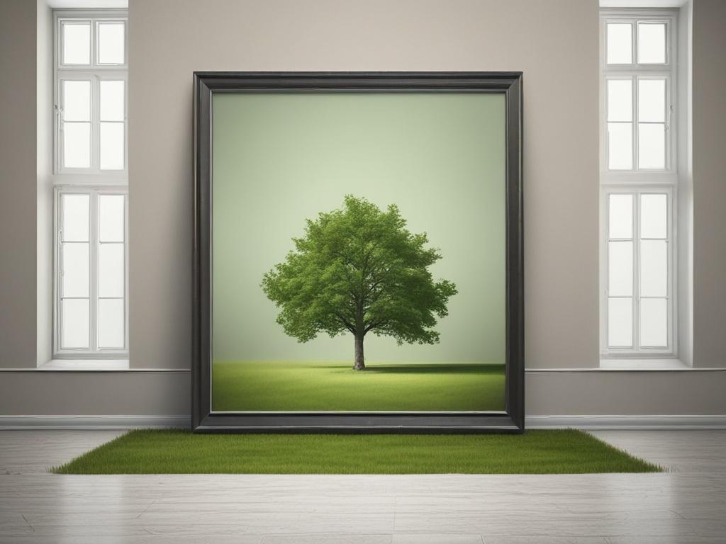 Create a realistic high-resolution photo that embodies the theme "Hållbarhet i Samhället." The composition should be simple and clear, featuring a single subject: a lush, green tree standing tall in the center of a serene landscape. The tree should symbolize growth and sustainability, with its vibrant leaves reflecting a variety of shades of green, harmonizing with the primary color rgb(50, 170, 39).

The background should showcase a peaceful, open field that gently rolls into soft hills, bathed in soft, na